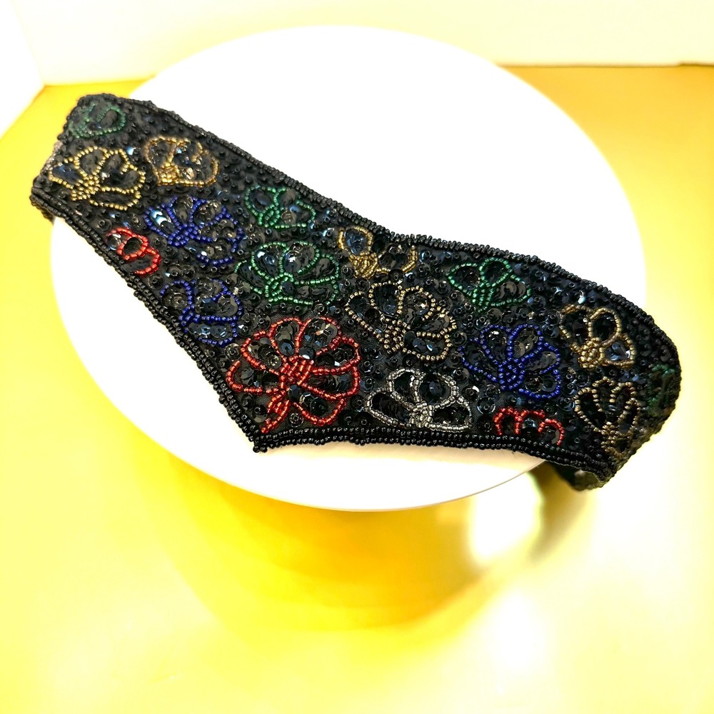 SMX Vintage Style Beaded Floral Headband Black Rayon Satin Sequin Tiara Crown‎